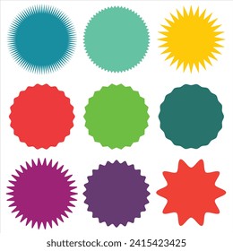 Set of vector starburst, sunburst badges. Nine different color. Simple flat style Vintage labels. Design elements. Colored stickers. 1234