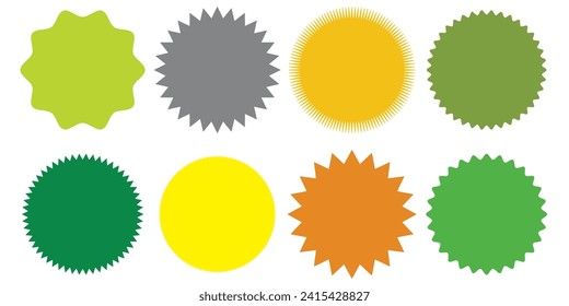 Set of vector starburst, sunburst badges. 8 different color. Simple flat style Vintage labels. Design elements. Colored stickers. A collection of different types and colors icon.1234