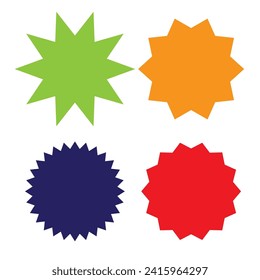 Juego de starburst vectorial, insignias de arrebato de sol. Color diferente. Sencillas etiquetas Vintage de estilo plano. Elementos de diseño. Etiquetas de colores. Colección de diferentes tipos y colores.