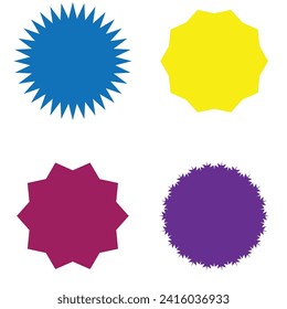  Set of vector starburst, sunburst badges. Different color. Simple flat style Vintage labels. Colored stickers 7 9 0