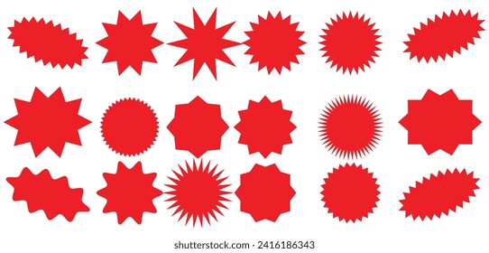Set of vector starburst, sunburst badges.  Simple flat style Vintage labels. Design elements. red stickers. A collection of different types icon.