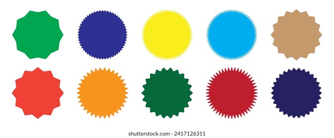 Juego de starburst vectorial, insignias de arrebato de sol. Diez colores diferentes. Sencillas etiquetas Vintage de estilo plano. Elementos de diseño. Etiquetas de colores. Colección de diferentes tipos y colores. Pasos 10