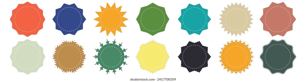 Set of vector starburst sunburst badges. Vintage labels. Starburst sale sticker. Colored stickers. Sunburst price tags. Simple Flat Style Vintage Labels. colourful icons on white background. 