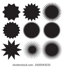 Juego de starburst vectorial, insignias de arrebato de sol. Color diferente. Sencillas etiquetas Vintage de estilo plano. Etiquetas coloreadas.7891