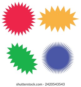 Set of vector starburst, sunburst badges. Different color. Simple flat style Vintage labels. Colored stickers.7891