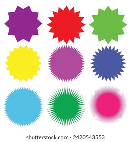 Set of vector starburst, sunburst badges. Different color. Simple flat style Vintage labels. Colored stickers.7891