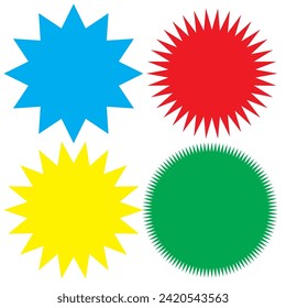 Set of vector starburst, sunburst badges. Different color. Simple flat style Vintage labels. Colored stickers.7891