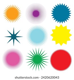 Juego de starburst vectorial, insignias de arrebato de sol. Color diferente. Sencillas etiquetas Vintage de estilo plano. Etiquetas coloreadas.7891
