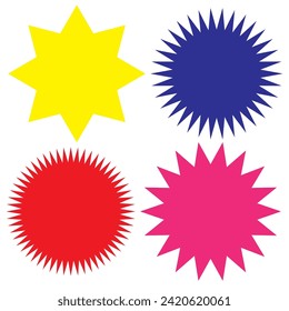 Set of vector starburst, sunburst badges. Different color. Simple flat style Vintage labels. Colored stickers.7891