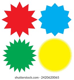 Set of vector starburst, sunburst badges. Different color. Simple flat style Vintage labels. Colored stickers.7891