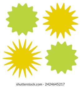 Set of vector starburst, sunburst badges. Nine different color. Simple flat style Vintage labels. Design elements. Colored stickers. A collection of different types and colors icon.