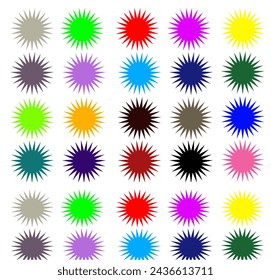 Conjunto de estrellas vectoriales, insignias de explosión solar. Nueve colores diferentes. Etiquetas vintage de estilo plano simple. Elementos de diseño. Pegatinas de colores.