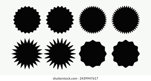 Set of vector starburst, sunburst badges. Black icons on white background. Simple flat style vintage labels, stickers.