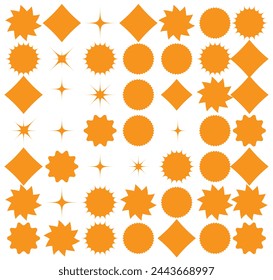 Set of vector starburst, sunburst badges. Nine different color. Simple flat style Vintage labels. Design elements. red Colored stickers