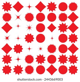 Set of vector starburst, sunburst badges. Nine different color. Simple flat style Vintage labels. Design elements. red Colored stickers