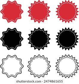 Set of vector starburst, sunburst badges. Black icons on white background. Simple flat style vintage labels, stickers.