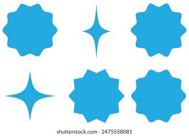 Set von Vektorgrafik Starburst, Sunburst Abzeichen. Klassische Etiketten. Farbige Aufkleber. Symbol für eine Kollektion verschiedener Typen und Farben