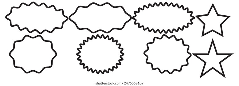 Conjunto de estrellas de Vector, insignias de explosión de sol. Etiquetas Antiguas. Pegatinas de colores. Una colección de diferentes tipos y colores