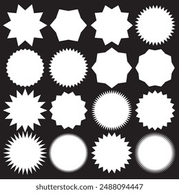 Set of vector starburst, sunburst badges. Starburst speech bubbles. Vector set of starburst, sunburst icons. Black Sunburst Promo Tags. Flat vintage stickers, labels on white background. 11:11