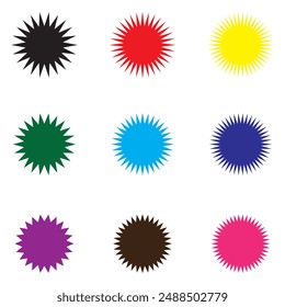 Set of vector starburst, sunburst badges with different color. Simple flat style Vintage labels. Design elements. Colored stickers. A collection of different types starburst icon.