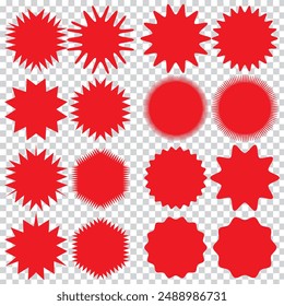 Set of vector starburst, sunburst badges. Red color. Simple flat style Vintage labels. Colored stickers.7891