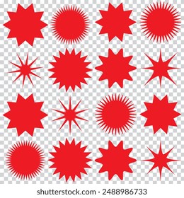 Set of vector starburst, sunburst badges. Red color. Simple flat style Vintage labels. Colored stickers.7891