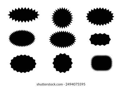 Conjunto de estrellas de Vector, insignias de explosión de sol. Sencillas etiquetas Antiguas de estilo plano. Elementos de diseño. pegatinas negras. Icono de colección de diferentes tipos.