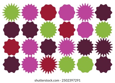 Set of vector starburst, sunburst badges. Nine different color. Simple flat style Vintage labels. Design elements. Colored stickers. A collection of different types and colors icon.