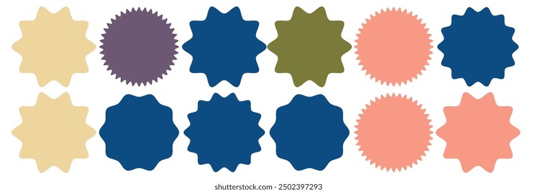 Set of vector starburst, sunburst badges. Nine different color. Simple flat style Vintage labels. Design elements. Colored stickers. A collection of different types and colors icon.