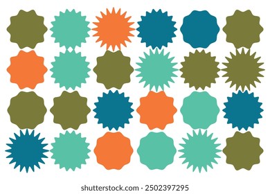 Set of vector starburst, sunburst badges. Nine different color. Simple flat style Vintage labels. Design elements. Colored stickers. A collection of different types and colors icon.