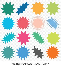 Set of vector starburst, sunburst badges. Different color. Simple flat style Vintage labels. Design elements. Colored stickers. A collection of different types and colors icon. EPS 10.