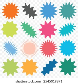 Set of vector starburst, sunburst badges. Different color. Simple flat style Vintage labels. Design elements. Colored stickers. A collection of different types and colors icon. EPS 10.