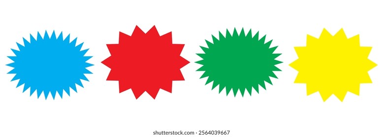 Set of vector starburst, sunburst badges. Different color. Simple flat style Vintage labels. Colored stickers.