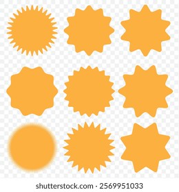 Set of vector starburst, sunburst badges. Different color. Simple flat style Vintage labels. Colored stickers. eps 10.