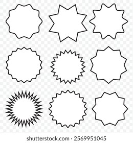 Set of vector starburst, sunburst badges. Different color. Simple flat style Vintage labels. Colored stickers. eps 10.