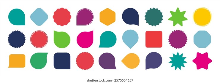 Set of vector starburst, sunburst badges. Multicolor itzons on vgite batskrogrund. Simple flat style vintage labels, stickers. 10 EPS.	
