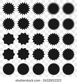 Set of vector starburst, sunburst badges. Starburst speech bubbles. Vector set of starburst, sunburst icons. Black Sunburst Promo Tags. Flat vintage stickers, labels on white background.