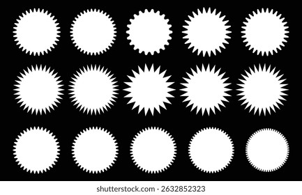 Set of vector starburst, sunburst badges. Starburst speech bubbles. Vector set of starburst, sunburst icons. Black Sunburst Promo Tags. Flat vintage stickers, labels on white background.