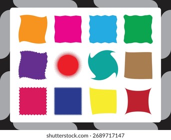 Conjunto de Vector starburst, insignias sunburst. Nueve colores diferentes. Una colección de diferentes tipos y colores.