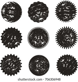 Set of vector starburst, sunburst badges. Black on white color with dust,scratches,particles,grunge effect. Vintage  labels, stickers. Design elements. A collection of different types icon. 
