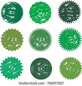 Set of vector starburst, sunburst badges. Green color with dust, scratches,particles,grunge effect. Vintage  labels, stickers. Design elements. A collection of different types icon. 