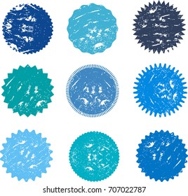 Set of vector starburst, sunburst badges, labels, stickers with grunge effect, fading, scratches, dust.. Different shades of blue color. Design elements. A collection of different types icon. 