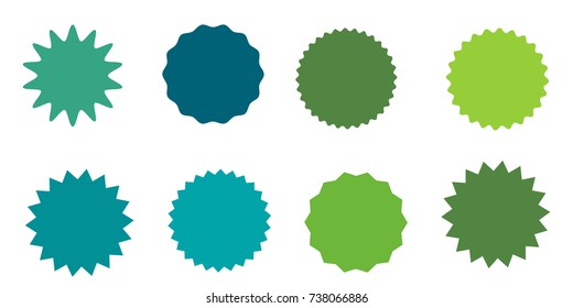 Set of vector starburst, sunburst badges. Nine different color. Simple flat style Vintage labels. Design elements. Colored stickers. A collection of different types and colors icon.