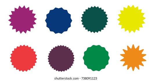 Set of vector starburst, sunburst badges. Nine different color. Simple flat style Vintage labels. Design elements. Colored stickers. A collection of different types and colors icon. 