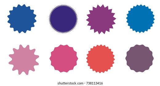 Set of vector starburst, sunburst badges. Nine different color. Simple flat style Vintage labels. Design elements. Colored stickers. A collection of different types and colors icon. 