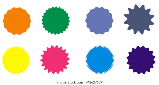 Set of vector starburst, sunburst badges. Nine different color. Simple flat style Vintage labels. Design elements. Colored stickers. A collection of different types and colors icon. 