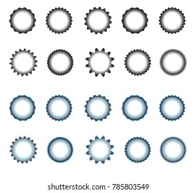 Set of vector starburst, sunburst badges.  Simple flat style. Vintage labels. Round vignette, frame Design elements. Colored stickers. A collection of different types and colors icon.