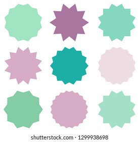 Set of vector starburst symbols in teal, mint and violet colors. Sunburst empty labels or stickers for shop sales tags and graphic design