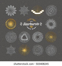 Set of vector starbursts. Vintage design elements. Retro style line art decorative sunbeams. Hand drawn sunshine shapes