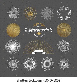 Set of vector starbursts. Vintage design elements. Retro style line art decorative sunbeams. Hand drawn sunshine shapes